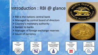 Introduction : RBI @ glance
 RBI is the nations central bank
 Managed by central board of directors
 Country’s monetary authority
 Banker to banks
 Manager of foreign exchange reserves
 Issuer of currency
 