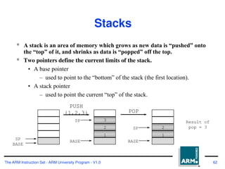 The ARM Instruction Set - ARM University Program - V1.0 62
Stacks
* A stack is an area of memory which grows as new data is “pushed” onto
the “top” of it, and shrinks as data is “popped” off the top.
* Two pointers define the current limits of the stack.
• A base pointer
– used to point to the “bottom” of the stack (the first location).
• A stack pointer
– used to point the current “top” of the stack.
SP
BASE
PUSH
{1,2,3}
1
2
3
BASE
SP
POP
1
2
Result of
pop = 3
BASE
SP
 