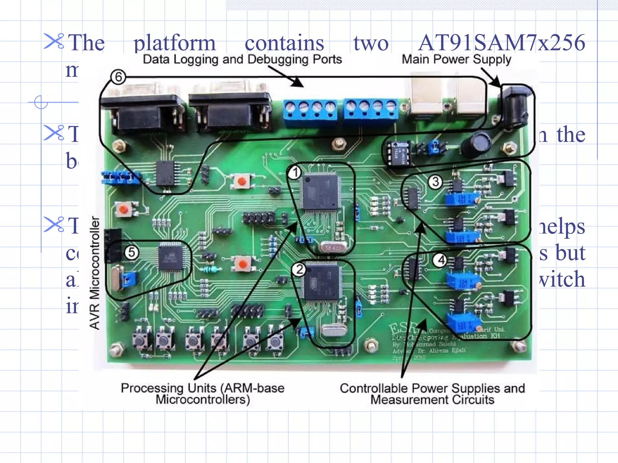 The platform contains two AT91SAM7x256
microcontrollers connected via a bus.
Two controllable power supplies are included in the
board
The use of separate supply voltages not only helps
conduct experiments with various DVFS schemes but
also can be used to shut off one processor to switch
into a single-processor configuration
 
