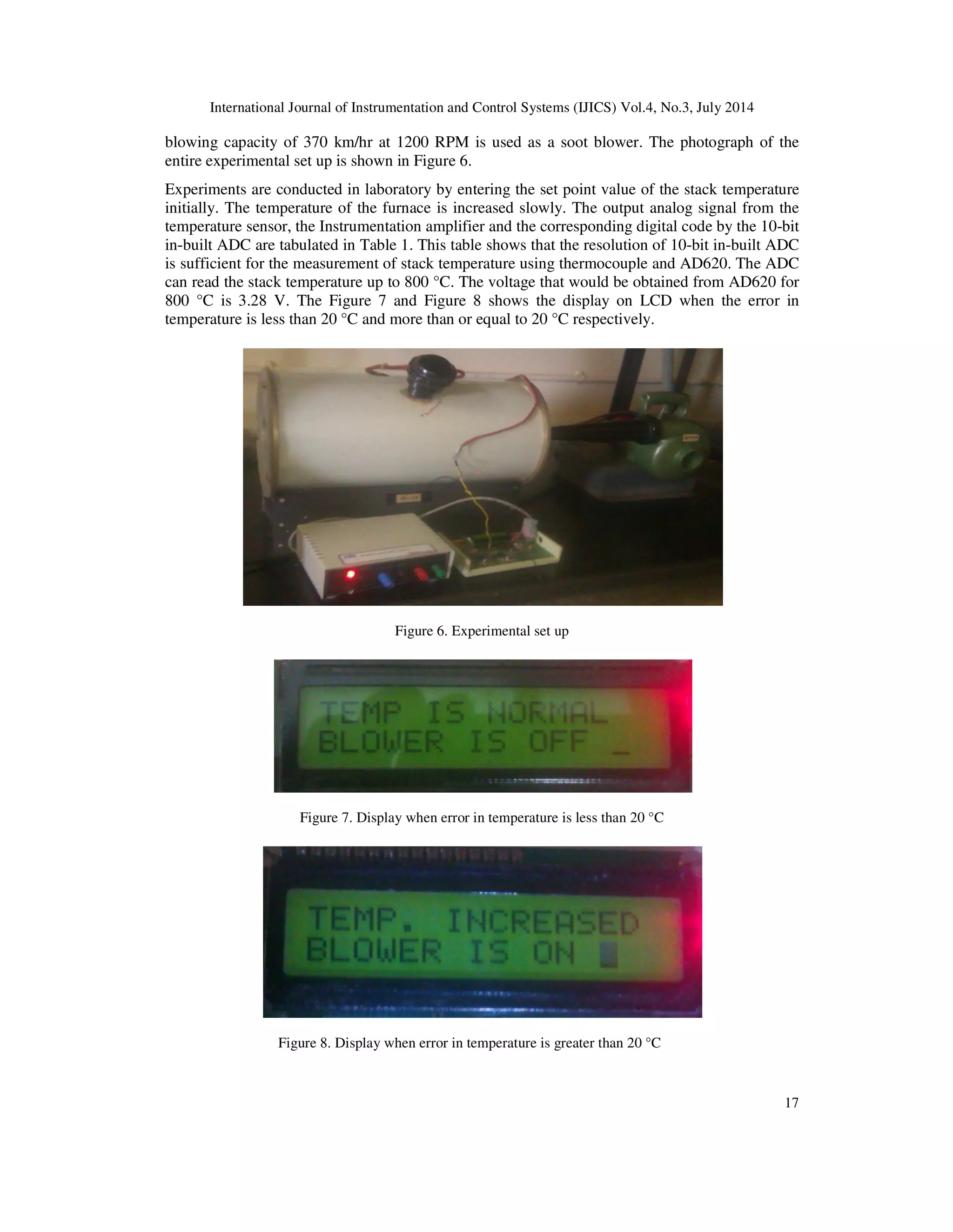International Journal of Instrumentation and Control Systems (IJICS) Vol.4, No.3, July 2014
17
blowing capacity of 370 km/hr at 1200 RPM is used as a soot blower. The photograph of the
entire experimental set up is shown in Figure 6.
Experiments are conducted in laboratory by entering the set point value of the stack temperature
initially. The temperature of the furnace is increased slowly. The output analog signal from the
temperature sensor, the Instrumentation amplifier and the corresponding digital code by the 10-bit
in-built ADC are tabulated in Table 1. This table shows that the resolution of 10-bit in-built ADC
is sufficient for the measurement of stack temperature using thermocouple and AD620. The ADC
can read the stack temperature up to 800 °C. The voltage that would be obtained from AD620 for
800 °C is 3.28 V. The Figure 7 and Figure 8 shows the display on LCD when the error in
temperature is less than 20 °C and more than or equal to 20 °C respectively.
Figure 6. Experimental set up
Figure 7. Display when error in temperature is less than 20 °C
Figure 8. Display when error in temperature is greater than 20 °C
 