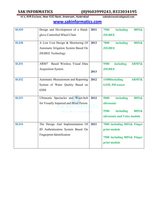 SAK INFORMATICS (0)9603999243, 8333034195
#C4, KVR Enclave, Near ICICI Bank, Ameerpet, Hyderabad sakinformatics@gmail.com
www.sakinformatics.com
IEJ29 Design and Development of a Hand-
glove Controlled Wheel Chair
2011 7500 including 8051&
ZIGBEE
IEJ30 A Low Cost Design & Monitoring Of
Automatic Irrigation System Based On
ZIGBEE Technology
2013 7000 including 8051&
ZIGBEE
IEJ31 ARM7 Based Wireless Visual Data
Acquisition System
2013
9500 including ARM7&
ZIGBEE
IEJ32 Automatic Measurement and Reporting
System of Water Quality Based on
GSM
2012 11000including ARM7&
GSM, PH sensor
IEJ33 Ultrasonic Spectacles and Waist-belt
for Visually Impaired and Blind Person
2012 5000 including 8051&
ultrasonic
5500 including 8051&
ultrasonic and Voice module
IEJ34 The Design And Implementation Of
ID Authentication System Based On
Fingerprint Identification
2011 7000 including 8051& Finger
print module
7500 including 8051& Finger
print module
 