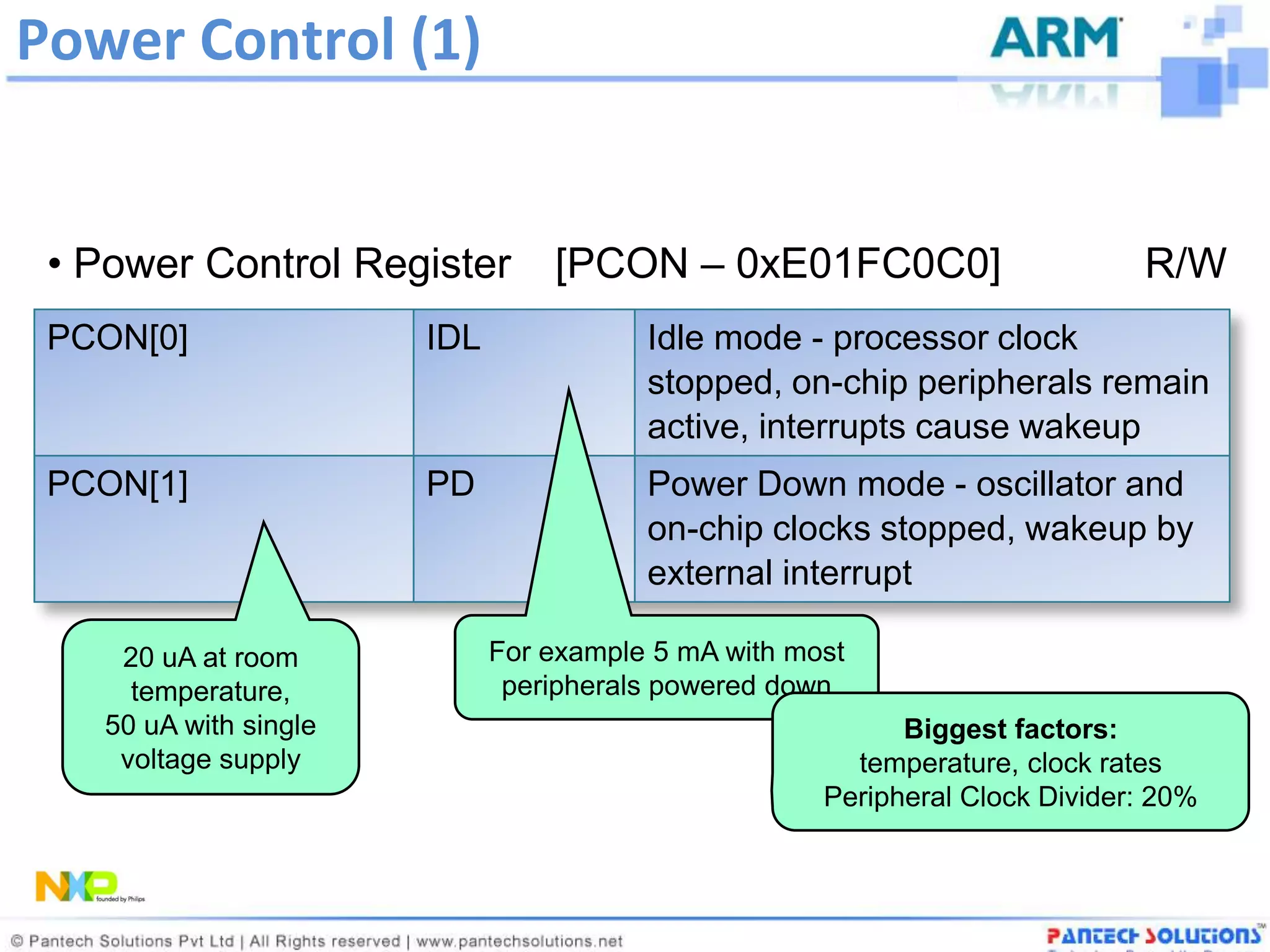 Power Control (1)


 • Power Control Register        [PCON – 0xE01FC0C0]                         R/W
 PCON[0]               IDL              Idle mode - processor clock
                                        stopped, on-chip peripherals remain
                                        active, interrupts cause wakeup
 PCON[1]               PD               Power Down mode - oscillator and
                                        on-chip clocks stopped, wakeup by
                                        external interrupt

    20 uA at room            For example 5 mA with most
     temperature,             peripherals powered down
   50 uA with single                                       Biggest factors:
    voltage supply                                     temperature, clock rates
                                                     Peripheral Clock Divider: 20%
 