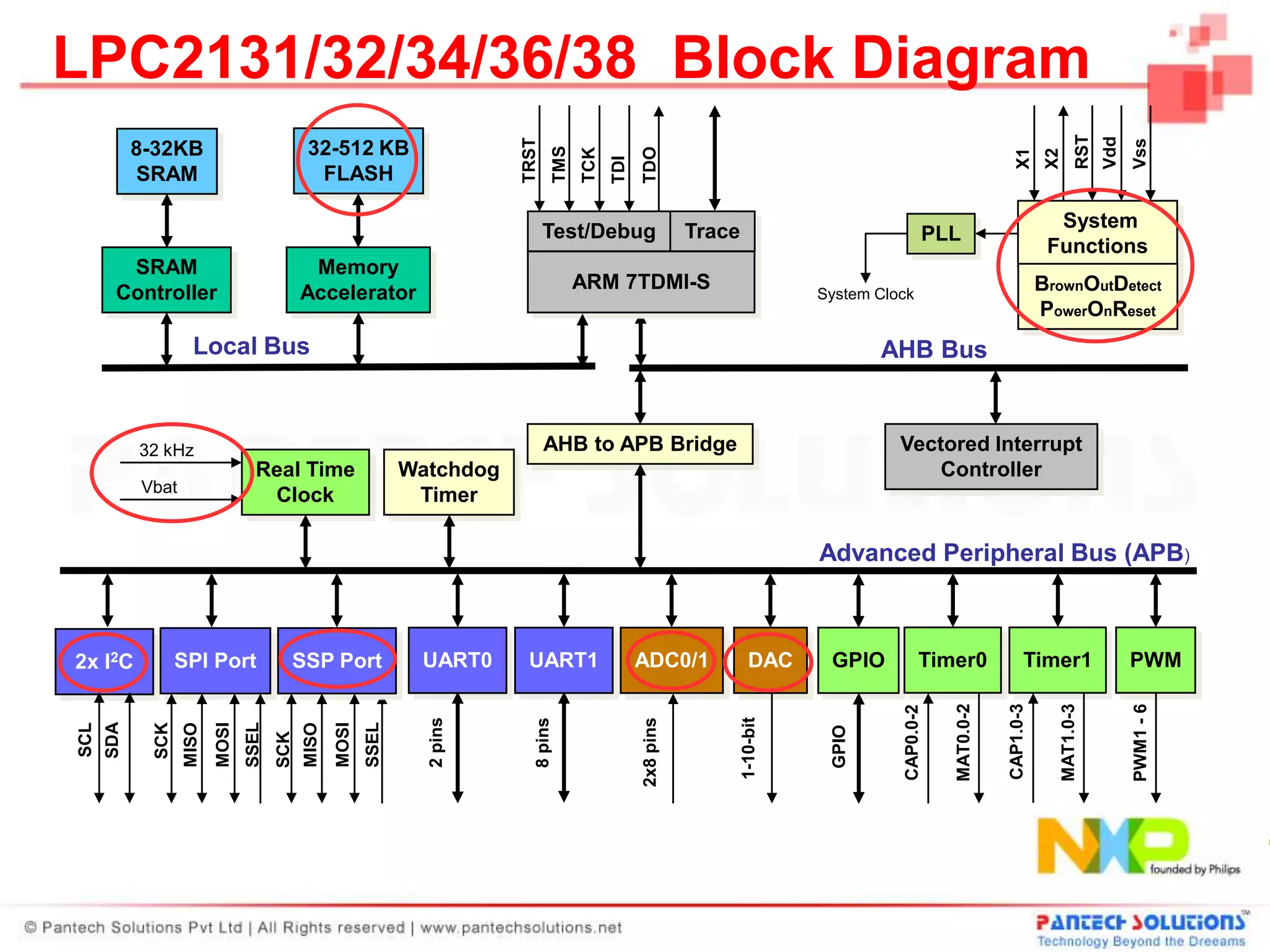LPC2131/32/34/36/38 Block Diagram




                                                                                                                                                                                                 RST
                                                                                                                                                                                                       Vdd
                                                                              TRST




                                                                                                                                                                                                             Vss
            8-32KB                            32-512 KB




                                                                                          TMS




                                                                                                            TDO
                                                                                                TCK




                                                                                                                                                                             X1
                                                                                                                                                                                      X2
                                                                                                      TDI
            SRAM                               FLASH

                                                                                                                                                                                       System
                                                                                     Test/Debug                        Trace                               PLL
                                                                                                                                                                                      Functions
        SRAM                                   Memory
                                                                                                ARM 7TDMI-S                                                                          BrownOutDetect
       Controller                             Accelerator                                                                                 System Clock
                                                                                                                                                                                     PowerOnReset
                     Local Bus                                                                                                                    AHB Bus


            32 kHz                                                                   AHB to APB Bridge                                              Vectored Interrupt
                                   Real Time                       Watchdog                                                                             Controller
            Vbat
                                    Clock                           Timer

                                                                                                                                          Advanced Peripheral Bus (APB)



2x I2C             SPI Port               SSP Port                  UART0      UART1                        ADC0/1                DAC      GPIO           Timer0                Timer1                       PWM




                                                                                                                                                                          CAP1.0-3
                                                                                                                                                               MAT0.0-2




                                                                                                                                                                                           MAT1.0-3



                                                                                                                                                                                                             PWM1 - 6
                                                                                                                                                    CAP0.0-2
                                                                                                                               1-10-bit
                                                                     2 pins




                                                                                                            2x8 pins
                                                                                 8 pins
      SDA




                                 SSEL




                                                            SSEL
             SCK


                          MOSI




                                                     MOSI
SCL




                   MISO




                                              MISO




                                                                                                                                           GPIO
                                        SCK
 