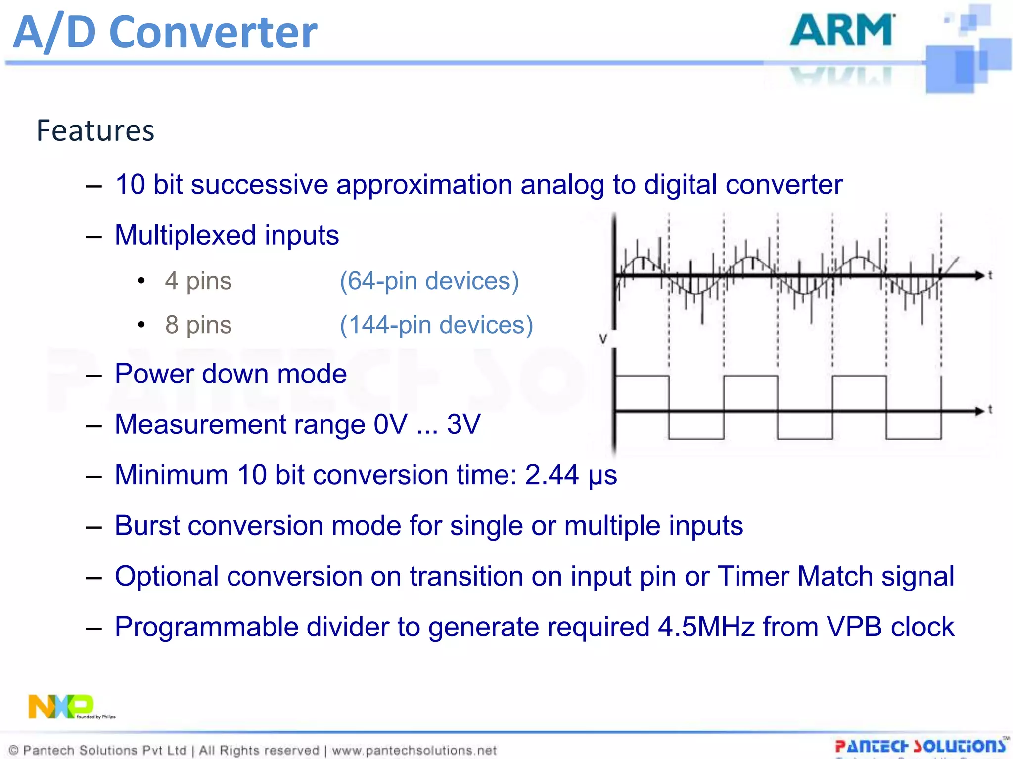 A/D Converter
Features
   – 10 bit successive approximation analog to digital converter
   – Multiplexed inputs
       • 4 pins        (64-pin devices)
       • 8 pins        (144-pin devices)
   – Power down mode
   – Measurement range 0V ... 3V
   – Minimum 10 bit conversion time: 2.44 µs
   – Burst conversion mode for single or multiple inputs
   – Optional conversion on transition on input pin or Timer Match signal
   – Programmable divider to generate required 4.5MHz from VPB clock
 