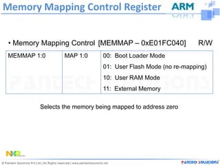 Memory Mapping Control Register


 • Memory Mapping Control [MEMMAP – 0xE01FC040]               R/W
 MEMMAP 1:0      MAP 1:0      00: Boot Loader Mode
                              01: User Flash Mode (no re-mapping)
                              10: User RAM Mode
                              11: External Memory

         Selects the memory being mapped to address zero
 