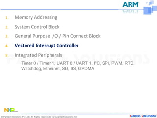 1.   Memory Addressing
2.   System Control Block
3.   General Purpose I/O / Pin Connect Block
4.   Vectored Interrupt Controller
5.   Integrated Peripherals
        Timer 0 / Timer 1, UART 0 / UART 1, I²C, SPI, PWM, RTC,
        Watchdog, Ethernet, SD, IIS, GPDMA
 