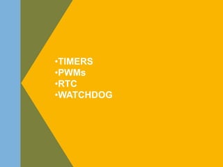 •TIMERS
•PWMs
•RTC
•WATCHDOG
 