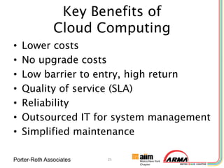 Key Benefits of
               Cloud Computing
•   Lower costs
•   No upgrade costs
•   Low barrier to entry, high return
•   Quality of service (SLA)
•   Reliability
•   Outsourced IT for system management
•   Simplified maintenance

Porter-Roth Associates   25
 
