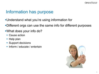 Information has purpose
Understand what you’re using information for

Different orgs can use the same info for different purposes
What does your info do?





Cause action
Help plan
Support decisions
Inform / educate / entertain

5

 