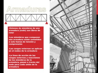 -Uniones de miembros de una
armadura (nodo) son libres de
rotar
-Los miembros que componen
una armadura están sometidos
a solo fuerza de tensión y
comprensión
-Las cargas externas se aplican
en el nodos de la armadura
-La línea de acción de las
cargas externas y reacciones
de los miembros de la
armadura, pasan a través del
nodo para cada unión de la
armadura
 