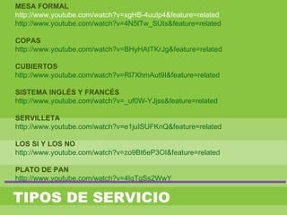 TIPOS DE SERVICIO
MESA FORMAL
http://www.youtube.com/watch?v=xgHB-4uuIp4&feature=related
http://www.youtube.com/watch?v=4N5lTw_SUts&feature=related
COPAS
http://www.youtube.com/watch?v=BHyHAtTKrJg&feature=related
CUBIERTOS
http://www.youtube.com/watch?v=Rl7XhmAut9I&feature=related
SISTEMA INGLÉS Y FRANCÉS
http://www.youtube.com/watch?v=_uf0W-YJjss&feature=related
SERVILLETA
http://www.youtube.com/watch?v=e1juISUFKnQ&feature=related
LOS SI Y LOS NO
http://www.youtube.com/watch?v=zo9Bt6eP3OI&feature=related
PLATO DE PAN
http://www.youtube.com/watch?v=4IqTgSs2WwY
 