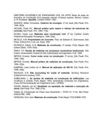 DIRETÓRIO ACADÊMICO DE ENGENHARIA CIVIL DA UFPR. Notas de aulas da
disciplina de Construção Civil (segundo volume). Diversos autores. Revisor: Lázaro
A. R. Parellada. Apostíla. Curitiba: DAEP, 1997.
GUEDES, Milber Fernandes. Caderno de encargos. 3ª ed. atual. São Paulo: Pini,
1994. 662p.
HELENE, Paulo R.L. Manual prático para reparo e reforço de estruturas de
concreto. São Paulo: Pini, 1988. 119p.
KLOSS, Cesar Luiz. Materiais para construção civil. 2ª ed. Curitiba: Centro
Federal de Educação Tecnológica, 1996. 228p.
NEVILLE, A.M. Propriedades do Concreto. Trad. de Salvador E. Giammusso. São
Paulo, Editora Pini, 2 ed. ver. Atual, 1997.
PETRUCCI, Eládio G R. Materiais de construção. 4ª edição. Porto Alegre- RS:
Editora Globo, 1979. 435p.
PINTO, T.P. Perdas de materiais em processos construtivos tradicionais. São
Carlos: Universidade Federal de São Carlos/Depto de Engenharia Civil, 1989.
RIPPER, Ernesto. Como evitar erros na construção. 3ª ed.rev. São Paulo: Pini,
1996. 168p.
RIPPER, Ernesto. Manual prático de materiais de construção. São Paulo: Pini,
1995. 253p.
SAMPAIO, José Carlos de A. Manual de aplicação da NR-18. São Paulo: Pini,
1998. 540p.
SKOYLES, E.R. Site accounting for waste of materials. Building Research
Establishment, july/aug. 1976.
SOIBELMAN, L. As perdas de materiais na construção de edificações: sua
incidência e controle. Porto Alegre: 1993. Dissertação (mestrado em engenharia).
Curso de Pós-Graduação em Engenharia Civil – UFRGS.
SOUZA, Roberto...[et al.]. Qualidade na aquisição de materiais e execução de
obras. São Paulo: Pini, 1996. 275p.
Tabela de Composição de Preço para Orçamento – TCPO 10. 1ª ed. São Paulo:
Editora PINI, 1996.
VERÇOSA, Enio José. Materiais de construção. Porto Alegre: PUC.EMMA.1975.
 