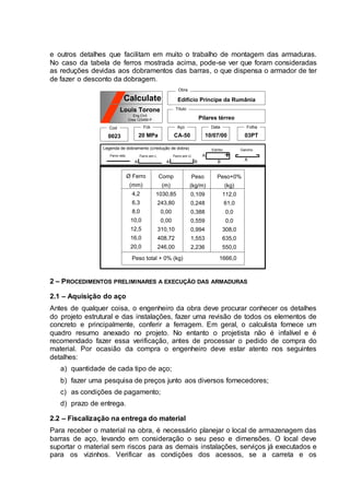 e outros detalhes que facilitam em muito o trabalho de montagem das armaduras.
No caso da tabela de ferros mostrada acima, pode-se ver que foram consideradas
as reduções devidas aos dobramentos das barras, o que dispensa o armador de ter
de fazer o desconto da dobragem.
Legenda de dobramento (c/redução de dobra)
Ferro reto Ferro em L
A
Estribo
A
B
Ferro em U
A B
Gancho
A
Edifício Príncipe da Rumânia
Pilares térreo
0023
Cod
03PT
Folha
10/07/00
Data
CA-50
Aço
20 MPa
Fck
Título
Obra
Calculate
Louis Torone
Eng.Civil
Crea 123456-P
Ø Ferro
(mm)
4,2
6,3
8,0
10,0
12,5
16,0
20,0
Comp
(m)
1030,85
243,80
0,00
0,00
310,10
408,72
246,00
Peso
(kg/m)
0,109
0,248
0,388
0,559
0,994
1,553
2,236
Peso+0%
(kg)
112,0
61,0
0,0
0,0
308,0
635,0
550,0
Peso total + 0% (kg) 1666,0
2 – PROCEDIMENTOS PRELIMINARES A EXECUÇÃO DAS ARMADURAS
2.1 – Aquisição do aço
Antes de qualquer coisa, o engenheiro da obra deve procurar conhecer os detalhes
do projeto estrutural e das instalações, fazer uma revisão de todos os elementos de
concreto e principalmente, conferir a ferragem. Em geral, o calculista fornece um
quadro resumo anexado no projeto. No entanto o projetista não é infalível e é
recomendado fazer essa verificação, antes de processar o pedido de compra do
material. Por ocasião da compra o engenheiro deve estar atento nos seguintes
detalhes:
a) quantidade de cada tipo de aço;
b) fazer uma pesquisa de preços junto aos diversos fornecedores;
c) as condições de pagamento;
d) prazo de entrega.
2.2 – Fiscalização na entrega do material
Para receber o material na obra, é necessário planejar o local de armazenagem das
barras de aço, levando em consideração o seu peso e dimensões. O local deve
suportar o material sem riscos para as demais instalações, serviços já executados e
para os vizinhos. Verificar as condições dos acessos, se a carreta e os
 