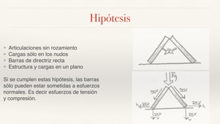 Hipótesis
❖ Articulaciones sin rozamiento
❖ Cargas sólo en los nudos
❖ Barras de directriz recta
❖ Estructura y cargas en un plano
Si se cumplen estas hipótesis, las barras
sólo pueden estar sometidas a esfuerzos
normales. Es decir esfuerzos de tensión
y compresión.
 