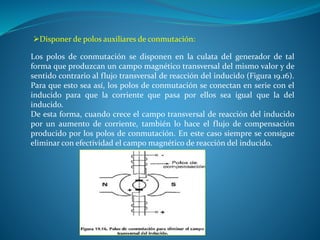 Disponer de polos auxiliares de conmutación:
Los polos de conmutación se disponen en la culata del generador de tal
forma que produzcan un campo magnético transversal del mismo valor y de
sentido contrario al flujo transversal de reacción del inducido (Figura 19.16).
Para que esto sea así, los polos de conmutación se conectan en serie con el
inducido para que la corriente que pasa por ellos sea igual que la del
inducido.
De esta forma, cuando crece el campo transversal de reacción del inducido
por un aumento de corriente, también lo hace el flujo de compensación
producido por los polos de conmutación. En este caso siempre se consigue
eliminar con efectividad el campo magnético de reacción del inducido.
 