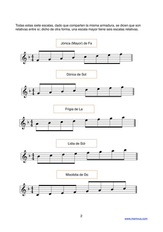 Todas estas siete escalas, dado que comparten la misma armadura, se dicen que son
relativas entre sí; dicho de otra forma, una escala mayor tiene seis escalas relativas.
www.memvus.com
& O

 . . . . . . . .
Jónica (Mayor) de Fa
& O

 . . . . . . . .
Dórica de Sol
& O

 . . . . . . . .
Frigia de La
& O  . . . . . . . .
Lidia de Sib
& O


. . . . . . . .
Mixolidia de Do
2
 