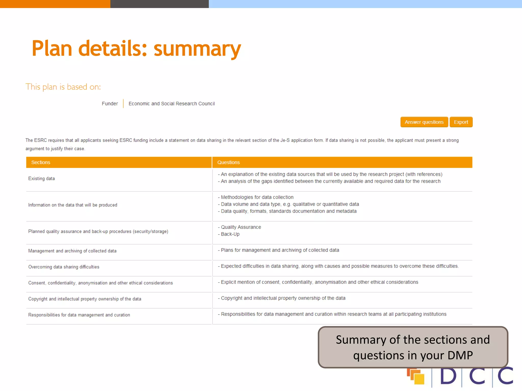 Plan details: summary
Summary of the sections and
questions in your DMP
 