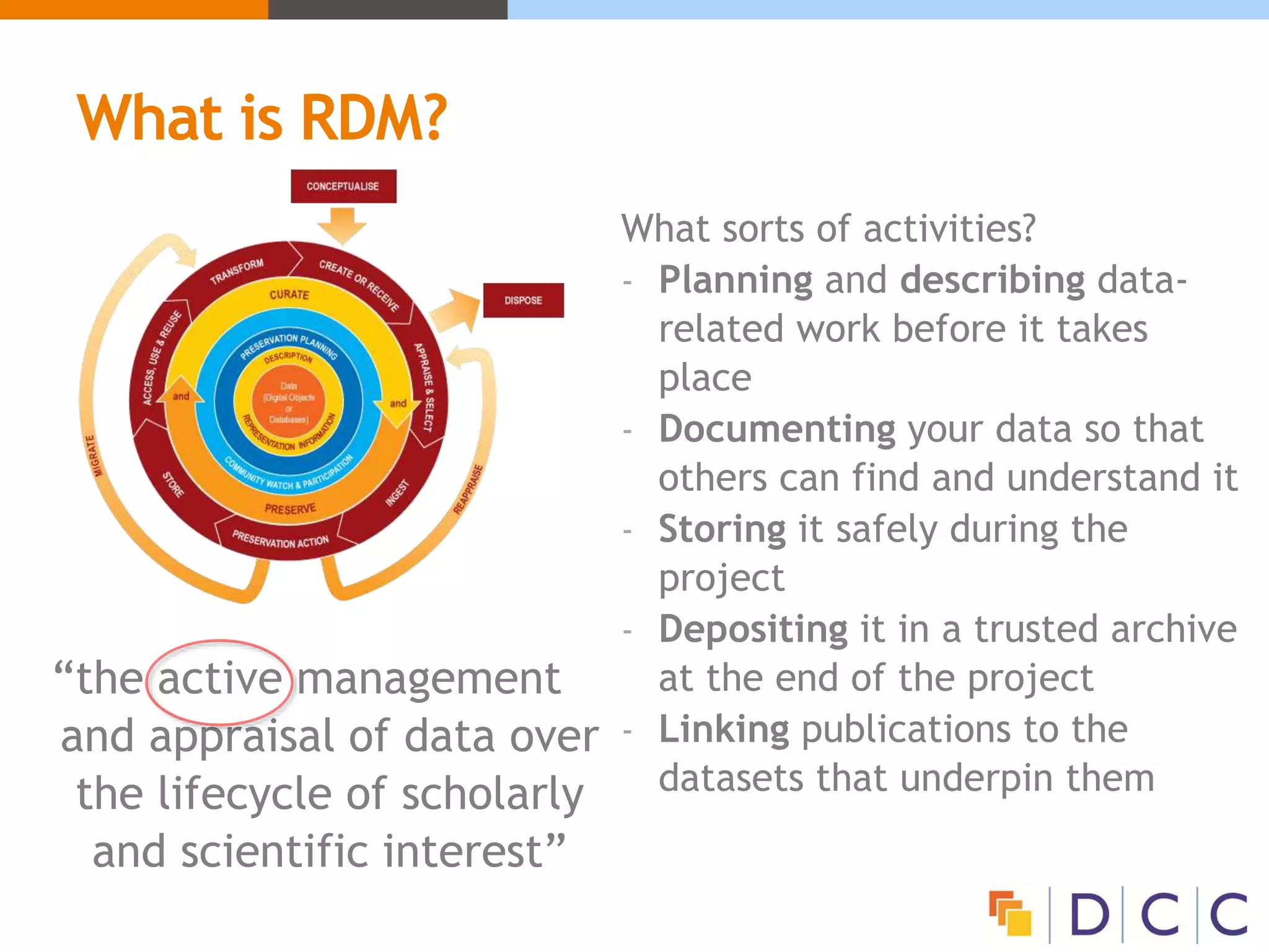What is RDM?
“the active management
and appraisal of data over
the lifecycle of scholarly
and scientific interest”
What sorts of activities?
- Planning and describing data-
related work before it takes
place
- Documenting your data so that
others can find and understand it
- Storing it safely during the
project
- Depositing it in a trusted archive
at the end of the project
- Linking publications to the
datasets that underpin them
 