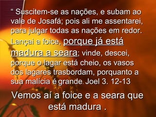 “  Suscitem-se as nações, e subam ao vale de Josafá; pois ali me assentarei, para julgar todas as nações em redor. Lançai a foice,  porque já está madura a seara ; vinde, descei, porque o lagar está cheio, os vasos dos lagares trasbordam, porquanto a sua malícia é   grande .  Joel 3. 12-13 Vemos aí a foice e a seara que está madura . 
