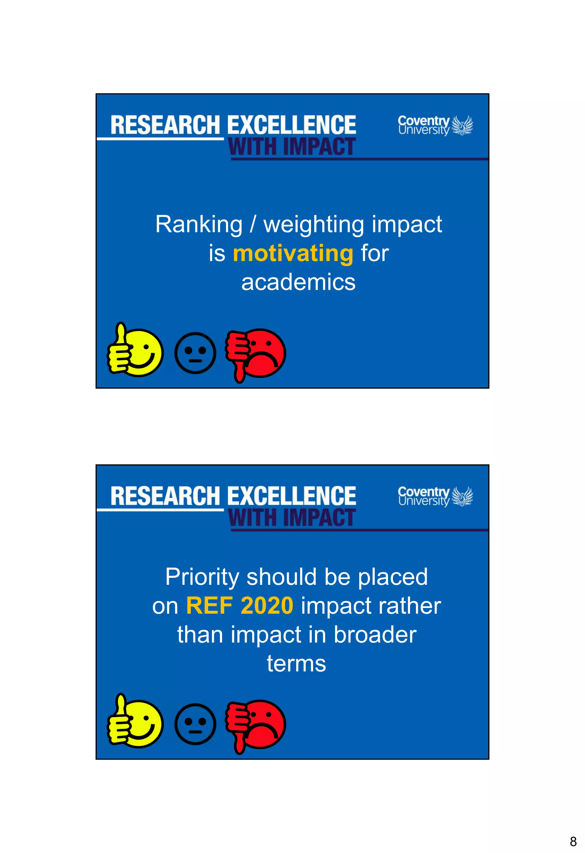 8
Ranking / weighting impact
is motivating for
academics
Priority should be placed
on REF 2020 impact rather
than impact in broader
terms
 