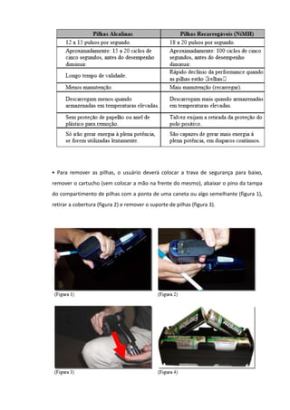 • Para remover as pilhas, o usuário deverá colocar a trava de segurança para baixo,
remover o cartucho (sem colocar a mão na frente do mesmo), abaixar o pino da tampa
do compartimento de pilhas com a ponta de uma caneta ou algo semelhante (figura 1),
retirar a cobertura (figura 2) e remover o suporte de pilhas (figura 3).
 
