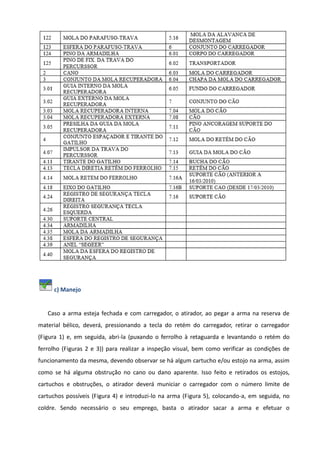 c) Manejo
Caso a arma esteja fechada e com carregador, o atirador, ao pegar a arma na reserva de
material bélico, deverá, pressionando a tecla do retém do carregador, retirar o carregador
(Figura 1) e, em seguida, abri-la (puxando o ferrolho à retaguarda e levantando o retém do
ferrolho (Figuras 2 e 3)) para realizar a inspeção visual, bem como verificar as condições de
funcionamento da mesma, devendo observar se há algum cartucho e/ou estojo na arma, assim
como se há alguma obstrução no cano ou dano aparente. Isso feito e retirados os estojos,
cartuchos e obstruções, o atirador deverá municiar o carregador com o número limite de
cartuchos possíveis (Figura 4) e introduzi-lo na arma (Figura 5), colocando-a, em seguida, no
coldre. Sendo necessário o seu emprego, basta o atirador sacar a arma e efetuar o
 