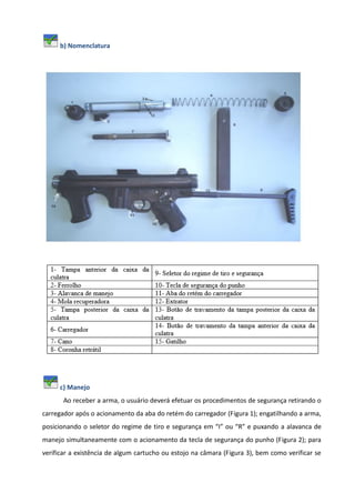 b) Nomenclatura
c) Manejo
Ao receber a arma, o usuário deverá efetuar os procedimentos de segurança retirando o
carregador após o acionamento da aba do retém do carregador (Figura 1); engatilhando a arma,
posicionando o seletor do regime de tiro e segurança em “I” ou “R” e puxando a alavanca de
manejo simultaneamente com o acionamento da tecla de segurança do punho (Figura 2); para
verificar a existência de algum cartucho ou estojo na câmara (Figura 3), bem como verificar se
 