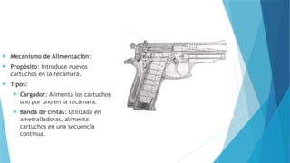  Mecanismo de Alimentación:
 Propósito: Introduce nuevos
cartuchos en la recámara.
 Tipos:
 Cargador: Alimenta los cartuchos
uno por uno en la recámara.
 Banda de cintas: Utilizada en
ametralladoras, alimenta
cartuchos en una secuencia
continua.
 