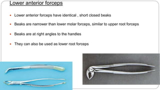 Lower anterior forceps
 Lower anterior forceps have identical , short closed beaks
 Beaks are narrower than lower molar forceps, similar to upper root forceps
 Beaks are at right angles to the handles
 They can also be used as lower root forceps
 