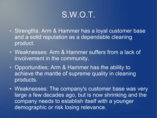 S.W.O.T.
● Strengths: Arm & Hammer has a loyal customer base
and a solid reputation as a dependable cleaning
product.
● Weaknesses: Arm & Hammer suffers from a lack of
involvement in the community.
● Opportunities: Arm & Hammer has the ability to
achieve the mantle of supreme quality in cleaning
products.
● Weaknesses: The company's customer base was very
large a few decades ago, but is now shrinking and the
company needs to establish itself with a younger
demographic or risk losing relevance.
 
