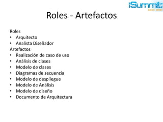 Roles - Artefactos
Roles
• Arquitecto
• Analista Diseñador
Artefactos
• Realización de caso de uso
• Análisis de clases
• Modelo de clases
• Diagramas de secuencia
• Modelo de despliegue
• Modelo de Análisis
• Modelo de diseño
• Documento de Arquitectura
 