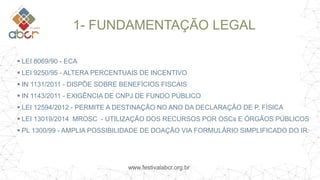 www.festivalabcr.org.br
1- FUNDAMENTAÇÃO LEGAL
 LEI 8069/90 - ECA
 LEI 9250/95 - ALTERA PERCENTUAIS DE INCENTIVO
 IN 1131/2011 - DISPÕE SOBRE BENEFÍCIOS FISCAIS
 IN 1143/2011 - EXIGÊNCIA DE CNPJ DE FUNDO PÚBLICO
 LEI 12594/2012 - PERMITE A DESTINAÇÃO NO ANO DA DECLARAÇÃO DE P. FÍSICA
 LEI 13019/2014 MROSC - UTILIZAÇÃO DOS RECURSOS POR OSCs E ÓRGÃOS PÚBLICOS
 PL 1300/99 - AMPLIA POSSIBILIDADE DE DOAÇÃO VIA FORMULÁRIO SIMPLIFICADO DO IR.
 