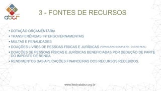 www.festivalabcr.org.br
3 - FONTES DE RECURSOS
 DOTAÇÃO ORÇAMENTÁRIA
 TRANSFERÊNCIAS INTERGOVERNAMENTAIS
 MULTAS E PENALIDADES
 DOAÇÕES LIVRES DE PESSOAS FÍSICAS E JURÍDICAS (FORMULÁRIO COMPLETO – LUCRO REAL)
 DOAÇÕES DE PESSOAS FÍSICAS E JURÍDICAS BENEFICIADAS POR DEDUÇÃO DE PARTE
DO IMPOSTO DE RENDA.
 RENDIMENTOS DAS APLICAÇÕES FINANCEIRAS DOS RECURSOS RECEBIDOS.
 