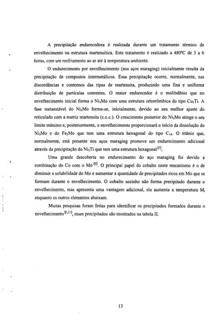 A precipitação endurecedora é realizada durante um tratamento térmico de
envelhecimento na estrutura martensítica. Este tratamento é realizado a 480°C de 3 a 6
horas, com um resfriamento ao ar até à temperamra ambiente.
        O endmecimento por envelhecimento (nos aços maraging) inicialmente resulta da
precipitação de compostos intermetálicos. Essa precipitação ocorre, normalmente, nas
discordancias e contornos das ripas de martensita, produzindo uma fina e imiforme
distribuição de partículas coerentes. O maior endurecedor é o molibdênio que no
envelhecimento inicial forma o   NÍ3M0   com uma estmmra ortorrômbica do tipo CuaTi. A
fase metaestável do   NÍ3M0    forma-se, inicialmente, devido ao seu melhor ajuste do
reticulado com a matriz martensita (c.c.c). O crescimento posterior do NÍ3M0 atinge o seu
limite máximo e, posteriormente, o envelhecimento proporcionará o início da dissolução do
NÍ3M0    e do Fe2Mo que tem uma estmmra hexagonal do tipo              C14.   O titânio que,
normalmente, está presente nos aços maraging promove um endurecimento adicional
através da precipitação do NÍ3TÍ que tem uma estrutura hexagonal
        Uma grande descoberta no endurecimento do aço maraging foi devido a
combinação do Co com o Mo           O principal papel do cobalto neste mecanismo é o de
diminuir a solubilidade do Mo e aumentar a quantidade de precipitados ricos em Mo que se
formam durante o envelhecimento. O cobalto sozinho não forma precipitado durante o
envelhecimento, mas apresenta uma vantagem adicional, ele aumenta a temperatura Mj
enquanto os outros elementos abaixam.
        Muitas pesquisas foram feitas para identificar os precipitados formados durante o
envelhecimento        esses precipitados são mostrados na tabela II.




                                              13
 