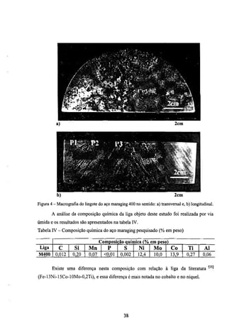 a)                                                                 2cm




               •-•J'í




          b)                                                                 2cin
Figura 4 - Macrografia do lingote do aço maraging 400 no sentido: a) transversal e, b) longimdinal.

        A análise da composição química da liga objeto deste estudo foi realizada por via
úmida e os resultados são apresentados na tabela IV.
Tabela IV - Composição química do aço maraging pesquisado (% em peso)

                                      Composição química (% em peso)
 Liga      C            Si     Mn        P       s       Ni      Mo        Co       Ti       Al
M400      0,012         0,20   0,07     <0,01   0,002   12,4     10,0     13,9      0,27     0,06


        Existe uma diferença nesta composição com relação à liga da literamra
(Fe-13Ni-15Co-10Mo-0,2Ti), e essa diferença é mais notada no cobalto e no níquel.




                                                 38
 