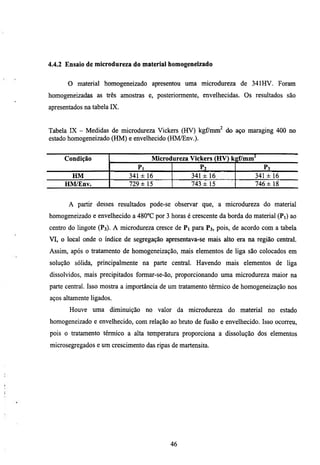 4.4.2 Ensaio de microdureza do material homogeneizado


       O material homogeneizado apresentou uma microdureza de 341HV. Foram
homogeneizadas as três amostras e, posteriormente, envelhecidas. Os resultados são
apresentados na tabela IX.


Tabela IX - Medidas de microdiueza Vickers (HV) kgf7imn^ do aço maraging 400 no
estado homogeneizado (HM) e envelhecido (HM/Env.).


     Condição                         Microdureza Vickers (HV) k gf/mm^
                                Pi                   Pz                   P3
      HM                     341 ± 1 6            341 ± 16             341 ± 16
     HM/Env.                 729 ± 15             743 ± 15             746 ± 1 8


       A partir desses resultados pode-se observar que, a microdureza do material
homogeneizado e envelhecido a 480°C por 3 horas é crescente da borda do material (Pi) ao
centro do lingote (P3). A microdureza cresce de Pi para P3, pois, de acordo com a tabela
VI, o local onde o índice de segregação apresentava-se mais alto era na região central.
Assim, após o tratamento de homogeneização, mais elementos de liga são colocados em
solução sólida, principalmente na parte central. Havendo mais elementos de liga
dissolvidos, mais precipitados formar-se-ão, proporcionando uma microdureza maior na
parte cenfral. Isso mostra a importância de um tratamento térmico de homogeneização nos
aços altamente ligados.
       Houve uma diminuição no valor da microdureza            do material no estado
homogeneizado e envelhecido, com relação ao bmto de fusão e envelhecido. Isso ocorreu,
pois o tratamento térmico a alta temperamra proporciona a dissolução dos elementos
microsegregados e um crescimento das ripas de martensita.




                                           46
 