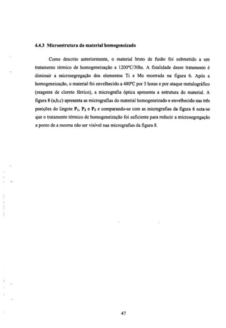 4.4.3 Microestrutura do material homogeneizado


       Como descrito anteriormente, o material bmto de fusão foi submetido a um
tratamento térmico de homogeneização a 1200°C/30hs. A finalidade desse tratamento é
diminuir a microsegregação dos elementos Ti e Mo mostrada na figura 6. Após a
homogeneização, o material foi envelhecido a 480°C por 3 horas e por ataque metalográfico
(reagente de cloreto férrico), a micrografia óptica apresenta a estmtura do material. A
figura 8 (a,b,c) apresenta as micrografias do material homogeneizado e envelhecido nas três
posições do lingote Pi, Pi e P3 e comparando-se com as micrografias da figura 6 nota-se
que o tratamento térmico de homogeneização foi suficiente para reduzú a microsegregação
a ponto de a mesma não ser visível nas micrografias da figura 8.




                                            47
 