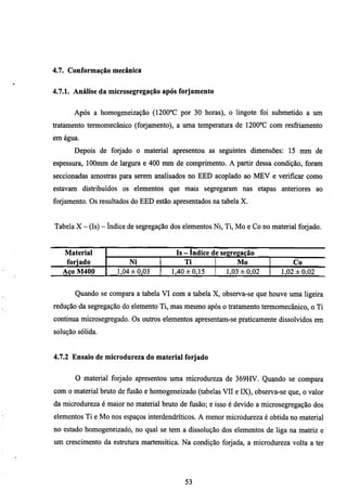 4.7. Conformação mecânica


4.7.1. Análise da microsegregação após forjamento


       Após a homogeneização (I200°C por 30 horas), o lingote foi submetido a um
tratamento termomecânico (forjamento), a uma temperatura de 1200°C com resfriamento
em água.
       Depois de forjado o material apresentou as segumtes dimensões: 15 mm de
espessura, lOOmm de largura e 400 rmn de comprimento. A parth- dessa condição, foram
seccionadas amostras para serem analisados no EED acoplado ao MEV e verificar como
estavam distribuídos os elementos que mais segregaram nas etapas anteriores ao
forjamento. Os resultados do EED estão apresentados na tabela X.


Tabela X - (Is) - índice de segregação dos elementos Ni, Ti, Mo e Co no material forjado.


   Material                              Is - índice de segregação
    forjado              Ni                 Ti                Mo               Co
   Aço M400          1,04 ±0,03        1,40 ±0,15         1,03 ±0,02       1,02 ±0,02


       Quando se compara a tabela VI com a tabela X, observa-se que houve uma ligeira
redução da segregação do elemento Ti, mas mesmo após o tratamento termomecânico, o Ti
continua microsegregado. Os outros elementos apresentam-se praticamente dissolvidos em
solução sólida.


4.7.2 Ensaio de microdureza do material forjado


       O material forjado apresentou uma microdureza de 369HV. Quando se compara
com o material bruto de fusão e homogeneizado (tabelas VII e IX), observa-se que, o valor
da microdureza é maior no material bmto de fiisão; e isso é devido a microsegregação dos
elementos Ti e Mo nos espaços interdendríticos. A menor microdureza é obtida no material
no estado homogeneizado, no qual se tem a dissolução dos elementos de liga na matiiz e
um crescimento da estmtura martensítica. Na condição forjada, a microdureza volta a ter




                                           53
 
