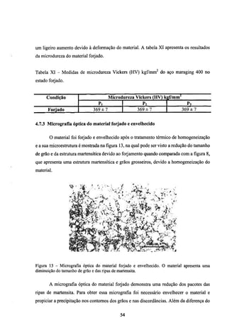 um ligeiro aumento devido à deformação do material. A tabela XI apresenta os resultados
da microdureza do material forjado.


Tabela XI - Medidas de microdureza Vickers (HV) kgf/mm^ do aço maraging 400 no
estado forjado.


      Condição                       Microd ureza Vickers (HV) k ef/mm^
                               Pi                    P:                   P3
      Forjado                369 ± 7               369 ± 7              369 ± 7


4.7.3 Micrografia óptica do material forjado e envelhecido


       O material foi forjado e envelhecido após o tratamento térmico de homogeneização
e a sua microestmmra é mostrada na figura 13, na qual pode ser visto a redução do tamanho
de grão e da estmtura martensítica devido ao forjamento quando comparada com a figura 8,
que apresenta uma estmtura martensítica e grãos grosseiros, devido a homogeneização do
material.




Figura 13 - Micrografia óptica do material forjado e envelhecido. O material apresenta uma
diminuição do tamanho de grão e das ripas de martensita.


       A micrografia óptica do material forjado demonstra uma redução dos pacotes das
ripas de martensita. Para obter essa micrografia foi necessário envelhecer o material e
propiciar a precipitação nos contornos dos grãos e nas discordâncias. Além da diferença do


                                           54
 