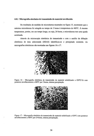 4.8.1 Micrografía eletrônica de transmissão do material envelhecido


       Os resultados de medidas de microdiueza mostrados na figura 15, mostraram que a
máxima microdureza foi atingida no tempo de 3 horas à temperamra de 480''C. À mesma
temperatma, porém, em um tempo longo, ou seja, 24 horas, a microdm-eza tem uma queda
acenmada.
       Através da microscopia eletrônica de transmissão e com o auxilio da difração
eletrônica de área selecionada (DEAS) identificou-se o precipitado existente. As
micrografias eletrônicas são mostradas nas figuras 16 e 17.




                          l- mm: r



Figura 16 - Micrografia eleü-ónica de transmissão do material solubilizado a 830°C/lh com
posterior envelhecimento a 480°C por 3 horas, mtensa precipitação.




Figura 17 - Micrografia elettónica de transmissão do material solubilizado a 830°C com posterior
envelhecimento a 480°C por 24 horas, intensa precipitação.




                                              58
 