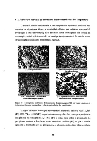 4.12. Microscopia eletrônica de transmissão do material tratado a alta temperatura


       O material tratado termicameme a altas temperaturas apresentou resultados não
esperados na microdmeza Vickers e resistividade elétrica, que indicaram uma possível
precipitação a altas temperaturas; esses resultados foram investigados com auxílio do
microscópio eletrônico de transmissão. A investigação microestmtural do material nessas
várias simações citadas acima é mostrada na figura 25.




            (T2) Precipitados finos.               (T3) Presença de precipitados e evidência
                                                              de coalescimento.




       (T4) Coalescimento e evidência da            (T5) Ripas de martensita, alta densidade
          dissolução dos precipitados.                 de discordâncias sem precipitados.

Figura 25 - Micrografias eletrônicas de transmissão do aço maraging 400 em várias condições de
tratamentos térmicos, mostrando a evolução e dissolução dos precipitados.

       A figura 25 mostra a evolução microestrutural do material tratado a 900 (T2), 950
(T3), 1000 (T4) e 1050°C (T5). A partir dessas micrografias observa-se que a precipitação
está presente nas condições (T2), (T3) e (T4) e, segue, nesta ordem o crescimento dos
precipitados tendendo a dissolução, porém somente na condição (T5), na qual o material
apresenta-se totalmente livre de precipitados, os elementos estão dissolvidos na solução




                                              73
 