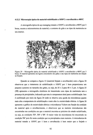 4.12.2 Microscopia óptica do material solubilizado a lOSO^C e envelhecido a 480°C


       A micrografia óptica do aço maraging tratado a 1050°C e envelhecido a 480°C por 3
horas, mostra a microestmmra do material, o contomo do grão e as ripas de martensita no
seu interior.




Figura 30 - Micrografia óptica do material solubilizado a 1050°C e envelhecido a 480°C por 3
horas. O material apresenta um ligeiro crescimento dos grãos e das ripas de martensita em relação
ao foq'ado.

       Quando se compara a figura 13 (material forjado e envelhecido) com a figura 30
observa-se que o tratamento de solubilização a 1050°C por 1 hora proporcionou um
pequeno aumento no tamanho dos grãos, ou seja, de 35 ± 2 para 40 ± 2 pm. A figura 25
(T5) apresenta a micrografia eletrônica de transmissão com ripas de martensita sem a
presença de precipitados, indicando que esta é a temperamra ideal para a solubilização. Isso
é confirmado por meio da figura 24 onde se observa uma queda da microdureza quanto
mais alta a temperatura de solubilização e mais alta é a resistividade elétrica. A figura 26
apresenta o gráfico de resistividade elétrica e microdureza Vickers em fimção da condição
do material após o envelhecimento, e observa-se que as maiores microdurezas são
encontradas nas condições em que o material encontra-se próximo do estado solubilizado,
ou seja, as condições T3', T4' e T5'. O maior valor de microdureza foi encontrado na
condição T4' pois foi nesta condição que os precipitados eram maiores. A microdureza do
material tratado a 1050°C por 1 hora e envelhecido é bem maior que o forjado e



                                               82
 