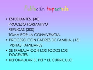 PoblaciónimpactadaESTUDIANTES. (40)    PROCESO FORMATIVO   REPLICAS (300)    TOMA POR LA CONVIVENCIA. PROCESO CON PADRES DE FAMILIA. (15)    VISITAS FAMILIARESSE TRABAJA CON LOS TODOS LOS DOCENTES. REFORMULAR EL PEI Y EL CURRICULO