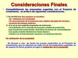 Consideraciones Finales Compatibilizando las propuestas sugeridas con el Proyecto de Lineamiento,  se arriba a las siguientes consideraciones:  1.- Se identificaron   tres aspectos no resueltos:  - No  realización de la propiedad ,  - No reconocimiento de la existencia real y objetiva del papel del mercado  y -  Ausencia del  enfoque sistémico  2.-   A la vez se han sugerido propuestas de soluciones: - Consolidación de un mercado de insumos y medios de producción,  -Que el productor pueda decidir ,  diversificar las formas de comercialización - Q ue pueda contratar libremente la fuerza laboral  y  -C uenten con el financiamiento necesario y la asistencia técnica ),  No realización de la propiedad De llevarse a vías  de hecho los puntos contenidos en el Proyecto de Lineamiento, que se relaciona en cada una de las propuestas sugeridas, es de esperar de forma gradual se logre la  realización de la propiedad.  
