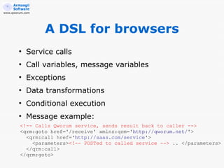 www.qworum.com




                 A DSL for browsers
        ●
            Service calls
        ●
            Call variables, message variables
        ●
            Exceptions
        ●
            Data transformations
        ●
            Conditional execution
        ●
            Message example:
        <!-- Calls Qworum service, sends result back to caller -->
        <qrm:goto href='/receive' xmlns:qrm='http://qworum.net/'>
          <qrm:call href='http://saas.com/service'>
            <parameters><!-- POSTed to called service --> .. </parameters>
          </qrm:call>
        </qrm:goto>
 