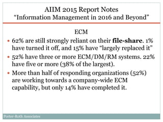 Porter-Roth Associates
AIIM 2015 Report Notes
“Information Management in 2016 and Beyond”
ECM
 62% are still strongly reliant on their file-share. 1%
have turned it off, and 15% have “largely replaced it”
 52% have three or more ECM/DM/RM systems. 22%
have five or more (38% of the largest).
 More than half of responding organizations (52%)
are working towards a company-wide ECM
capability, but only 14% have completed it.
 