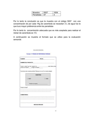 Muestra 5937 1654
Penalistas 47 3
Por lo tanto la conclusión es que la muestra con el código 5937 con una
concentración de por cada 1Kg de carambola se necesitan 3 L de agua fue la
que tuvo mayor preferencia entre los penalistas
Por lo tanto la concentración adecuada que es más aceptada para realizar el
néctar de carambola es 1/3.
A continuación se muestra el formato que se utilizo para la evaluación
sensorial.
 