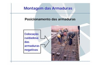 Montagem das ArmadurasMontagem das Armaduras
Posicionamento das armaduras
ColocaColocaççãoão
cuidadosacuidadosa
dasdas
armadurasarmaduras
negativasnegativas
 