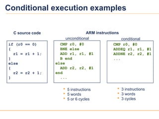 10
10
Conditional execution examples
if (r0 == 0)
{
r1 = r1 + 1;
}
else
{
r2 = r2 + 1;
}
C source code
 5 instructions
 5 words
 5 or 6 cycles
 3 instructions
 3 words
 3 cycles
CMP r0, #0
BNE else
ADD r1, r1, #1
B end
else
ADD r2, r2, #1
end
...
ARM instructions
unconditional
CMP r0, #0
ADDEQ r1, r1, #1
ADDNE r2, r2, #1
...
conditional
 