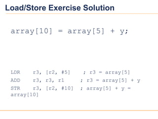 20
20
Load/Store Exercise Solution
array[10] = array[5] + y;
LDR r3, [r2, #5] ; r3 = array[5]
ADD r3, r3, r1 ; r3 = array[5] + y
STR r3, [r2, #10] ; array[5] + y =
array[10]
 